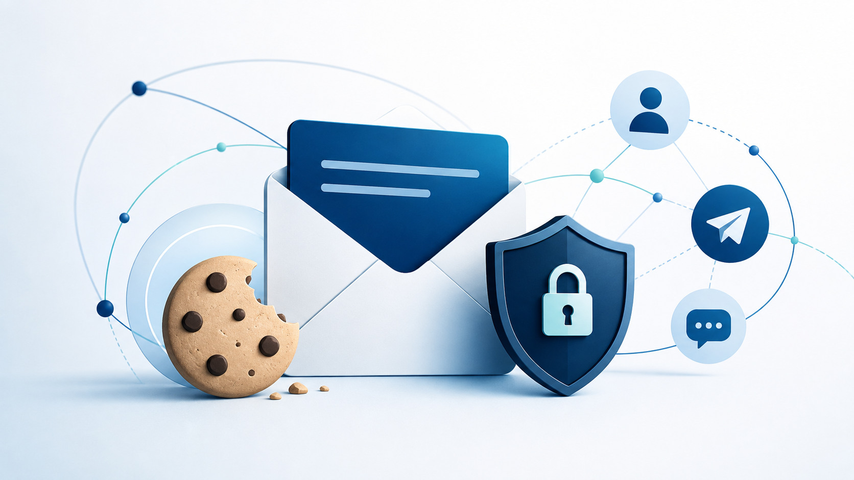 Illustration ePrivacy mit Cookies, Nachrichten und Kommunikationsnetzwerk