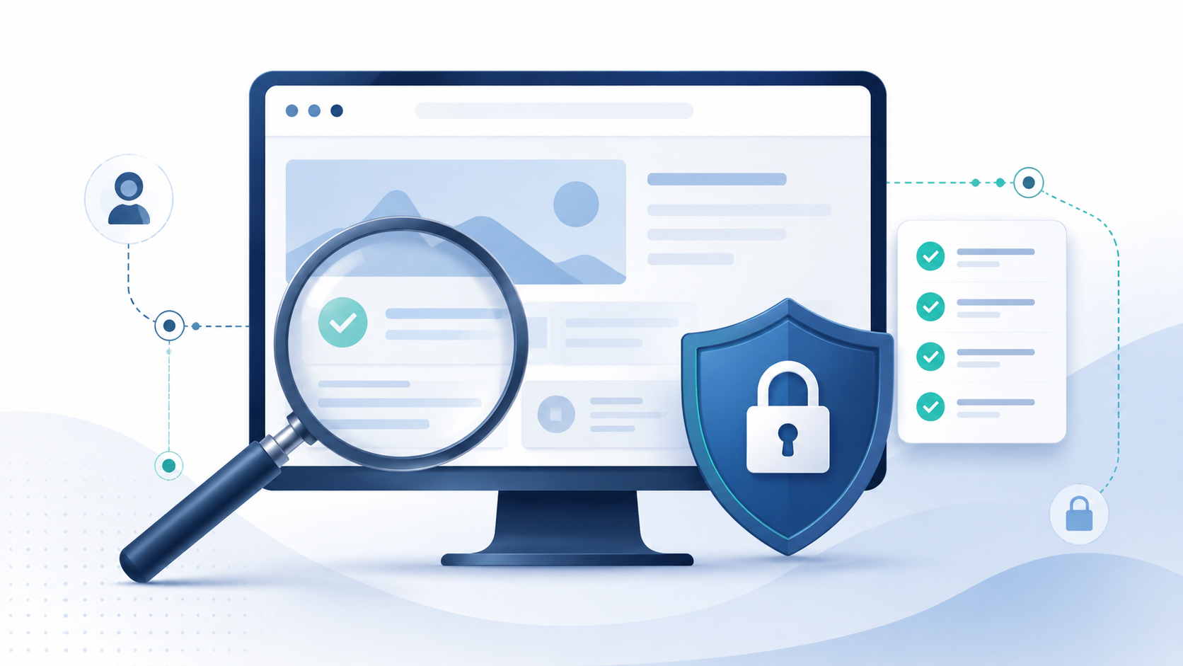Illustration DSGVO-Websitecheck mit Monitor, Lupe und Sicherheitsschild